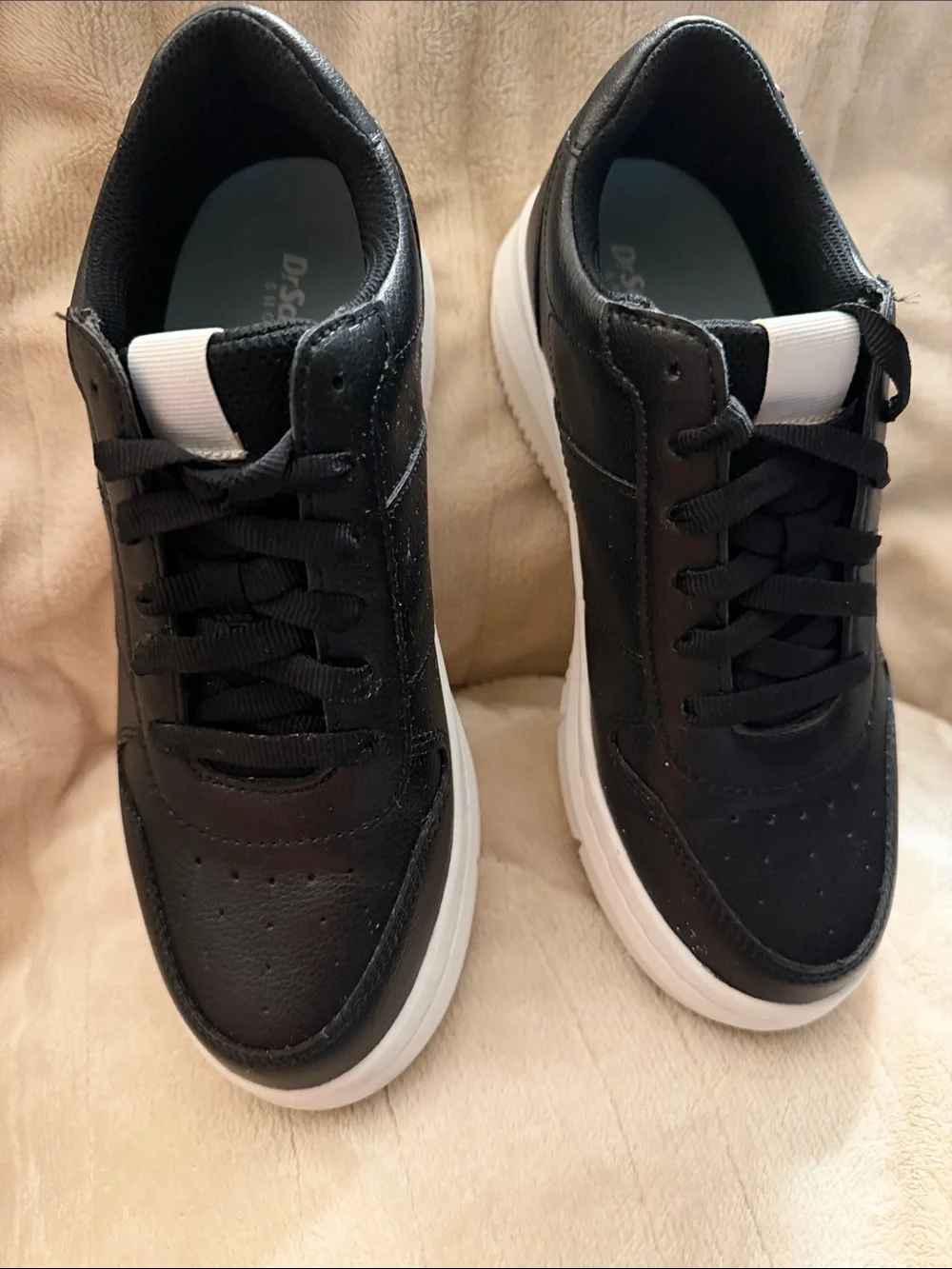 Dr. Scholl's Black Faux Leather Low-Top Sneakers with 2-inch White Platform